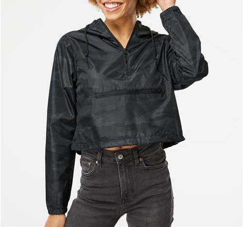 Women'S Lightweight Quarter-Zip Pullover Crop Windbreaker in Black Camo