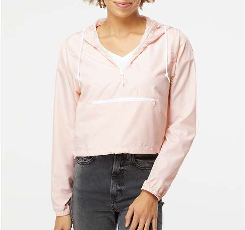 Women'S Lightweight Quarter-Zip Pullover Crop Windbreaker in Blush/ White Zipper