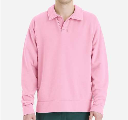 Unisex Garment-Dyed Polo Collar Sweatshirt in Cotton Candy