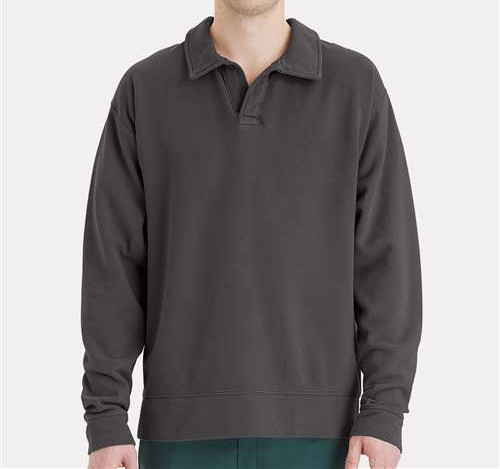 Unisex Garment-Dyed Polo Collar Sweatshirt in New Railroad Grey