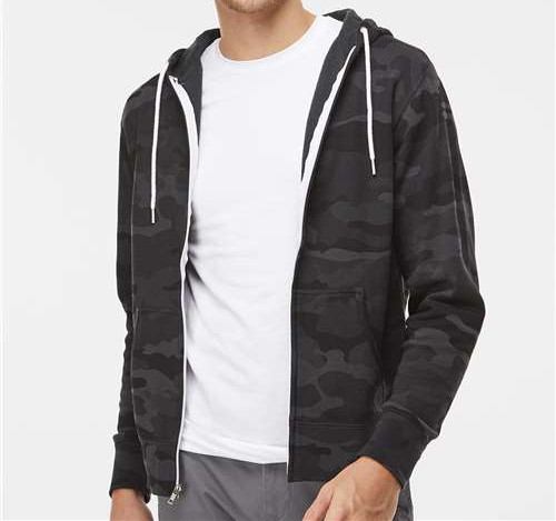 Unisex Lightweight Full-Zip Hooded Sweatshirt in Black Camo