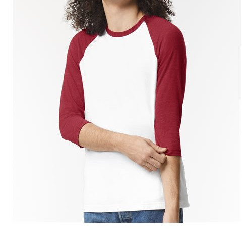 Unisex Cvc Three-Quarter Sleeve Tee in White/ Heather Cardinal