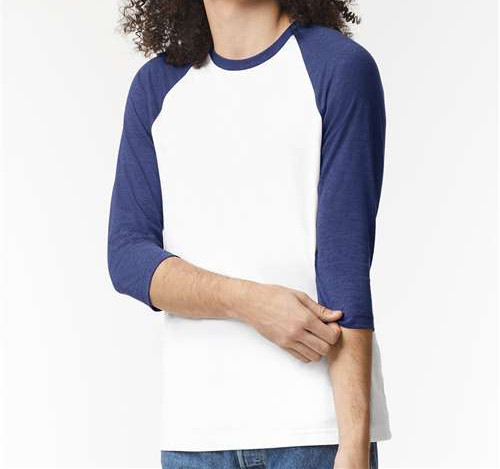Unisex Cvc Three-Quarter Sleeve Tee in White/ Heather Indigo